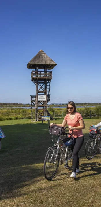 Cyclistes devant l'observatoire d'oiseaux au Marais Vernier 